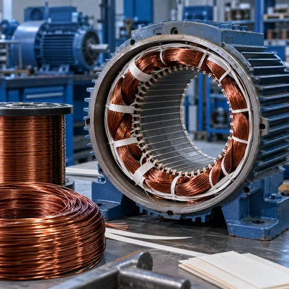Sarım için hazırlanmış bakır iletken bobinleri ve stator çekirdeği